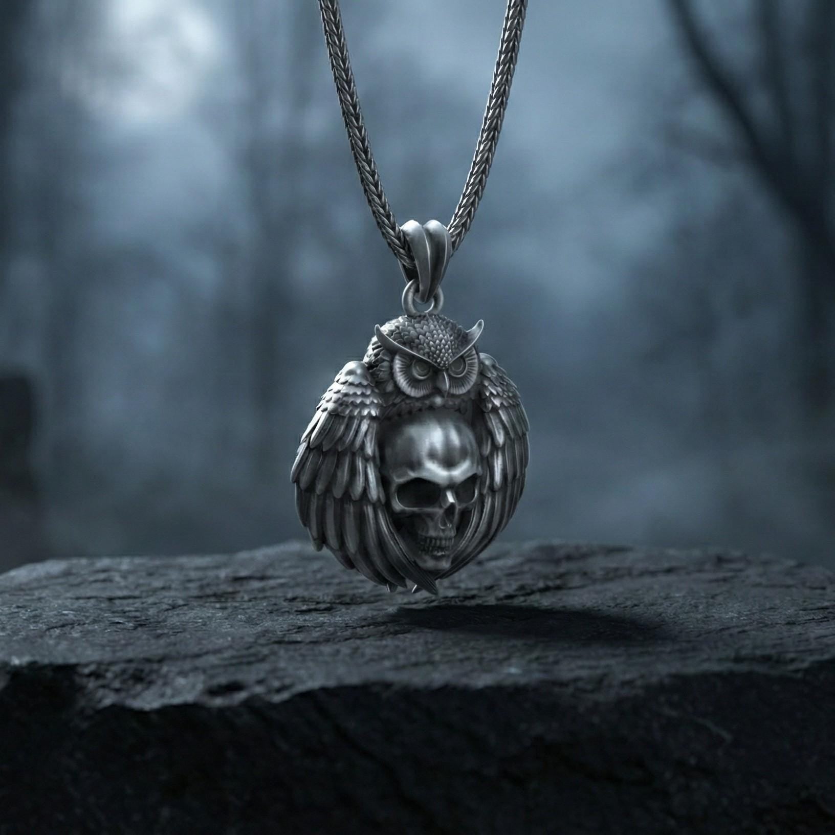Baykuş Kafatası Kolye Ucu, Oksitlenmiş Gümüş, Gotik Bilgelik Temalı Takı