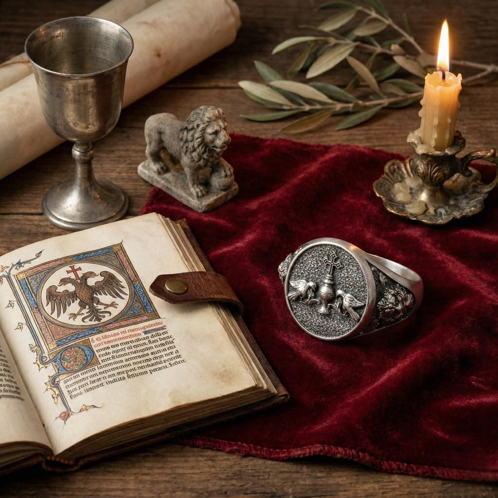 a collection of antique items, including a candle, a book, a lion statue, and a ring, all arranged on a red velvet surface.