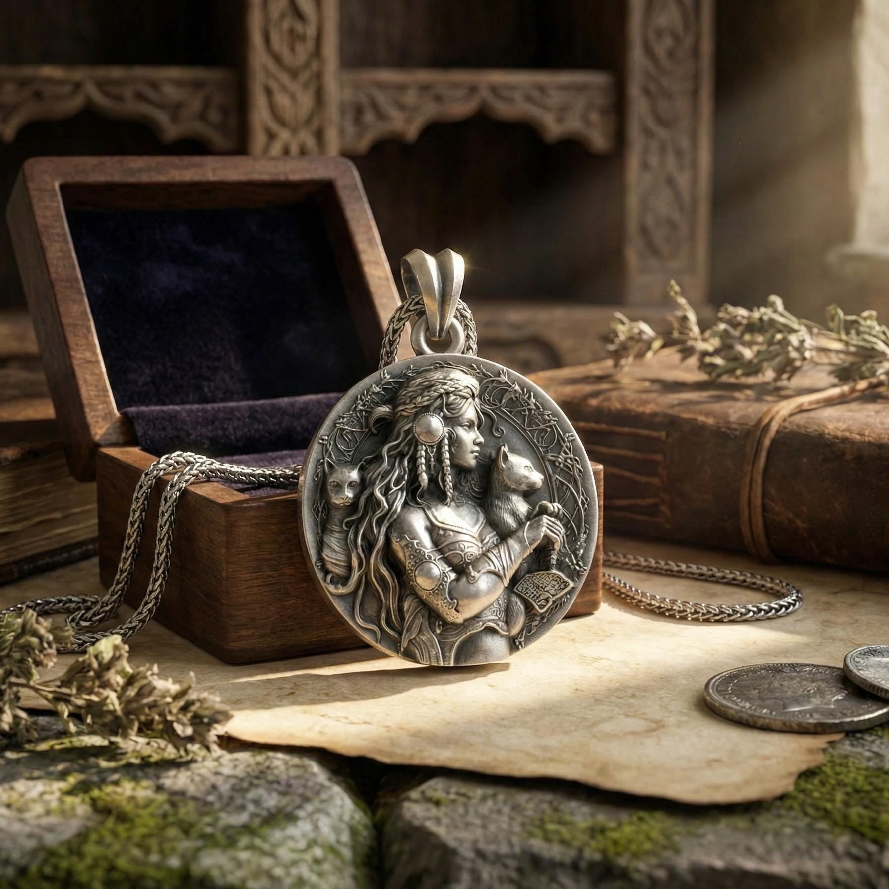 Freyja Tanrıçası Madalyon Kolye Ucu Oksitlenmiş Gümüş İskandinav Mitolojisi Temalı Takı