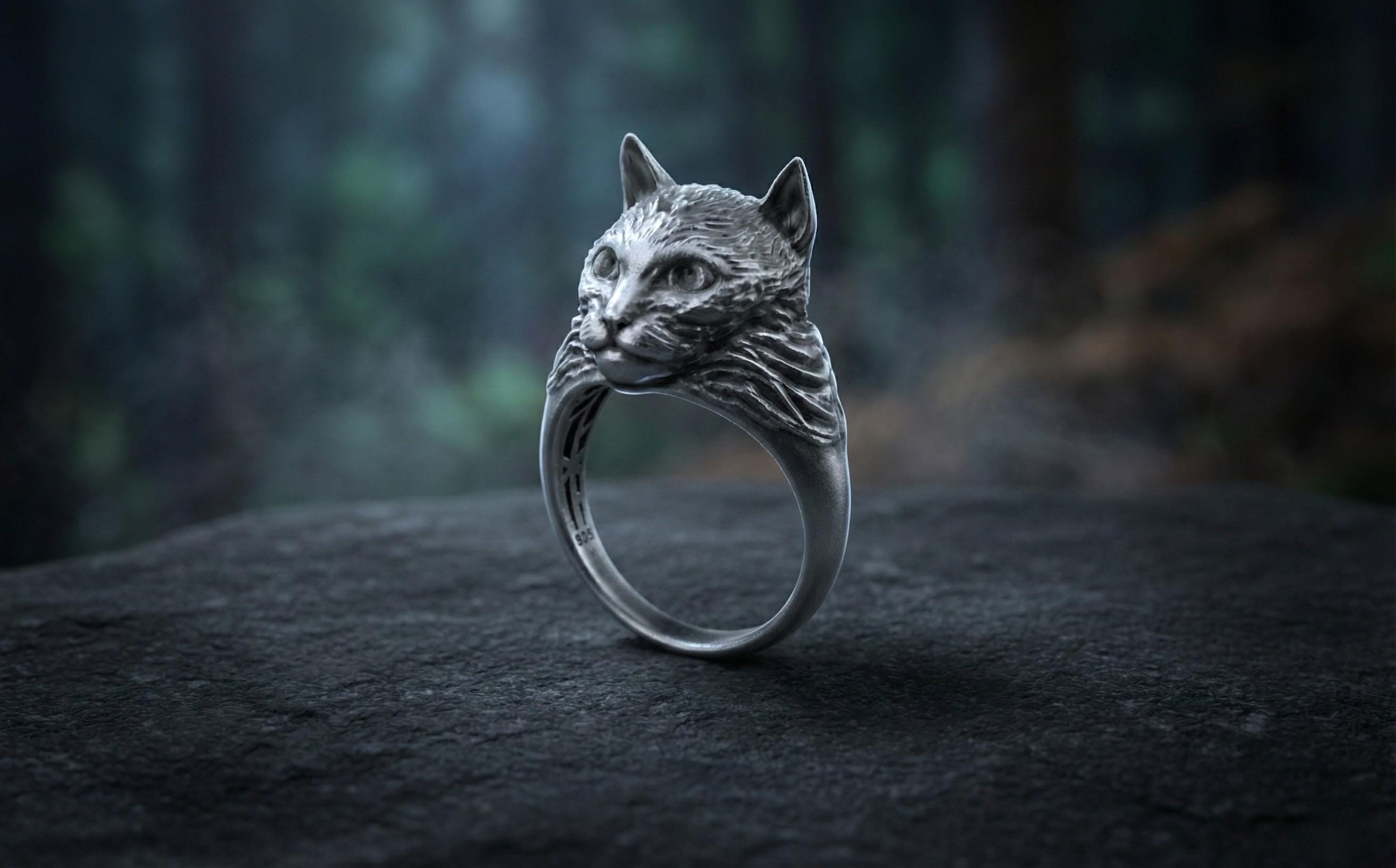 925 Ayar Gümüş Kedi Yüzük – 3 Boyutlu Kedi Başı Yüzüğü