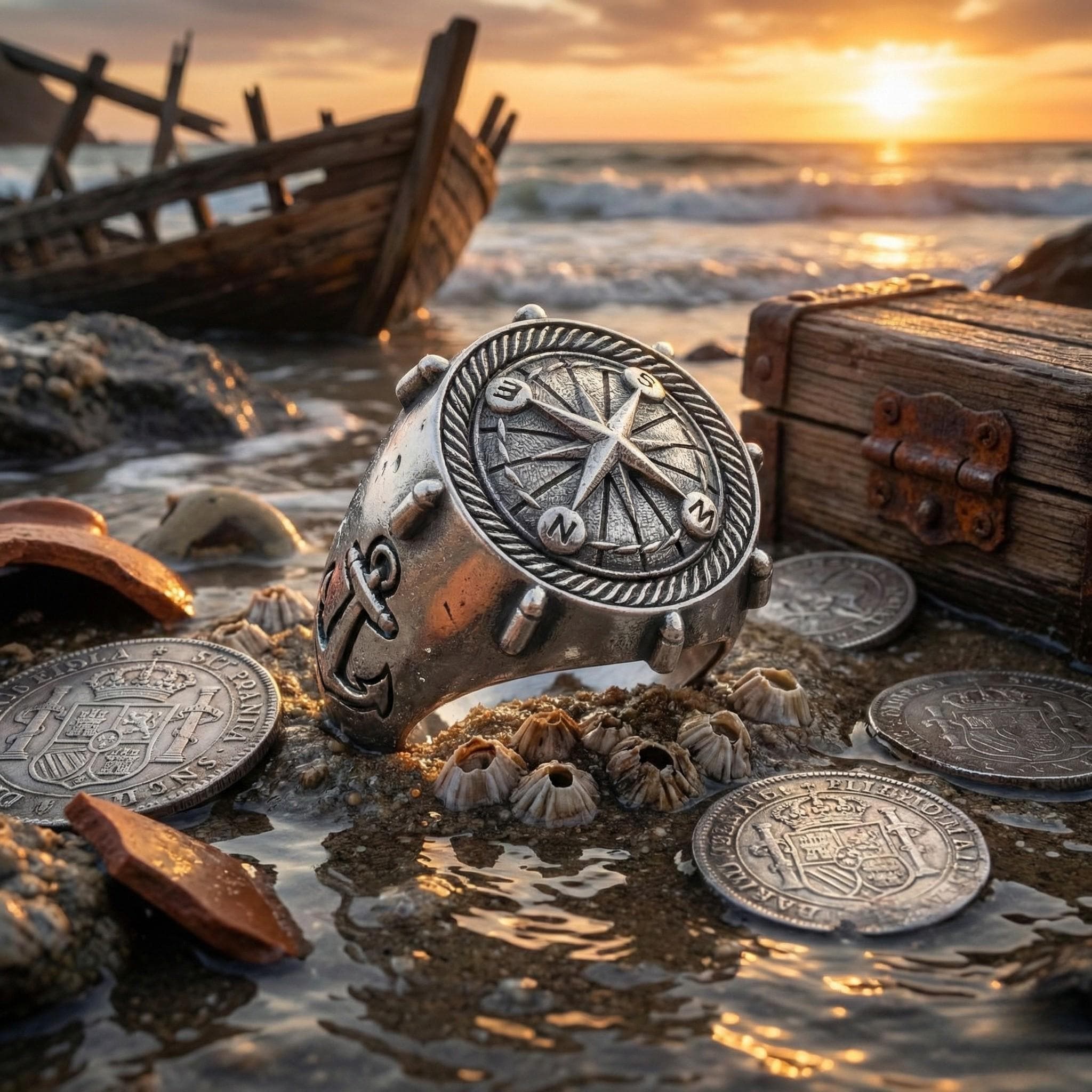 a silver compass ring surrounded by various coins and a wooden chest on a beach at sunset.
