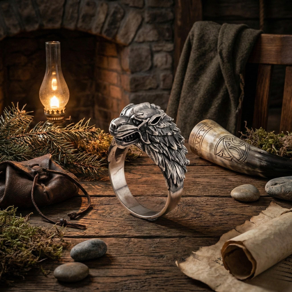 a silver ring with a wolf head design, surrounded by various objects such as a lantern, a leather bag, and a scroll.