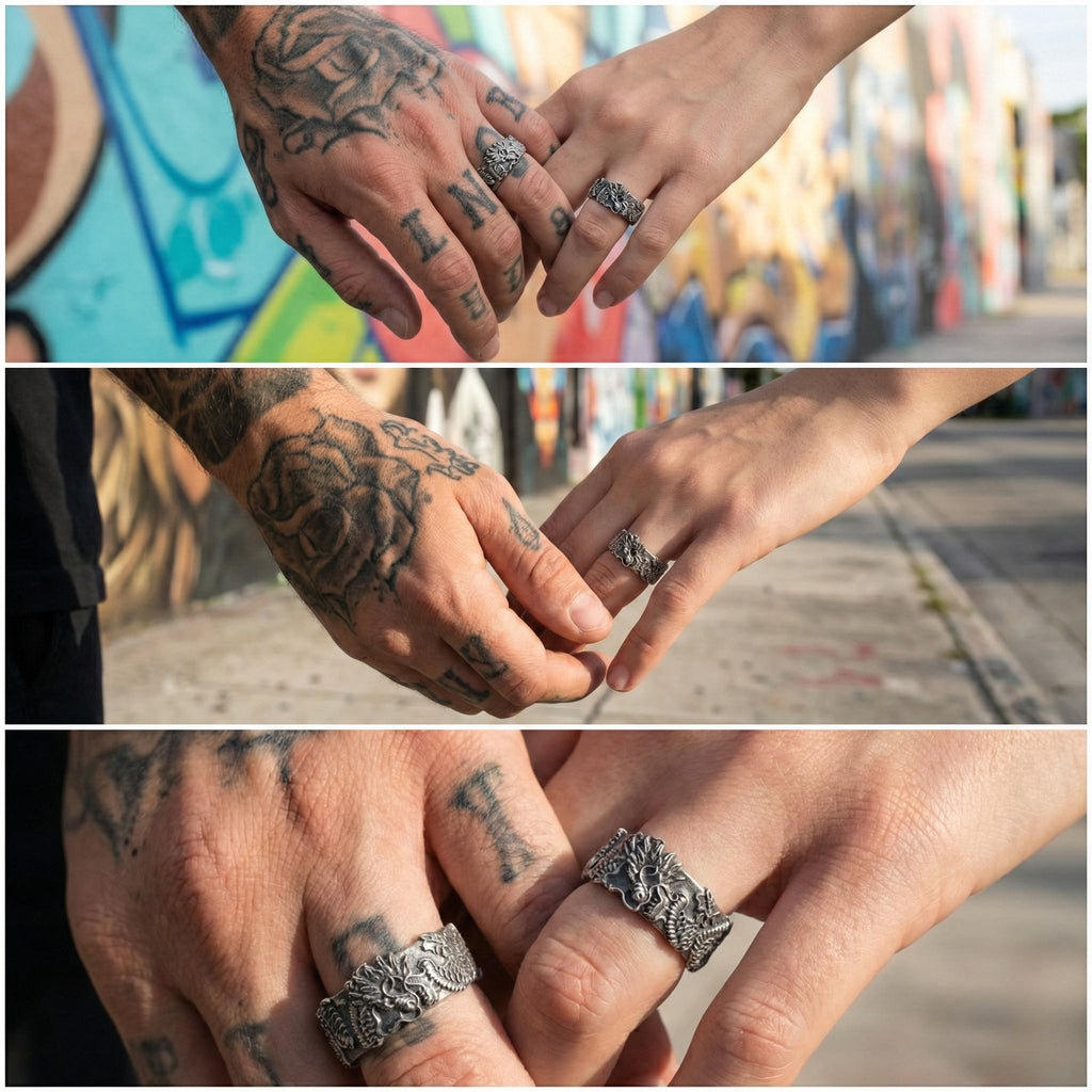 A collage of three close-up images showing a person's hands with tattoos, wearing silver rings, and holding hands.
