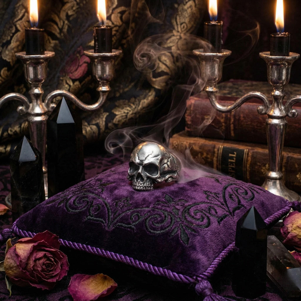 a skull resting on a purple velvet pillow, surrounded by candles, crystals, and books, creating an eerie and mysterious atmosphere.