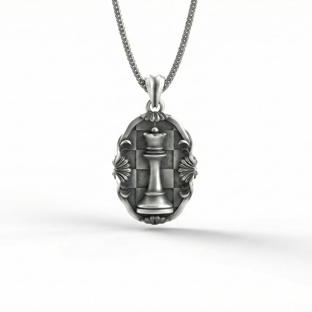 Antik Gümüş Satranç Vezir Kolye Ortaçağ Strateji Sembolü Takı
