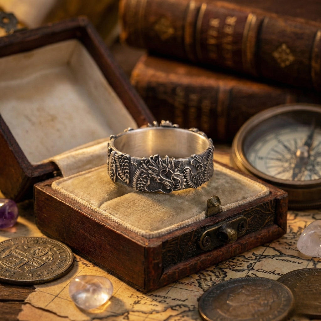 a silver ring placed on a wooden box, surrounded by various objects such as books, coins, and a compass.