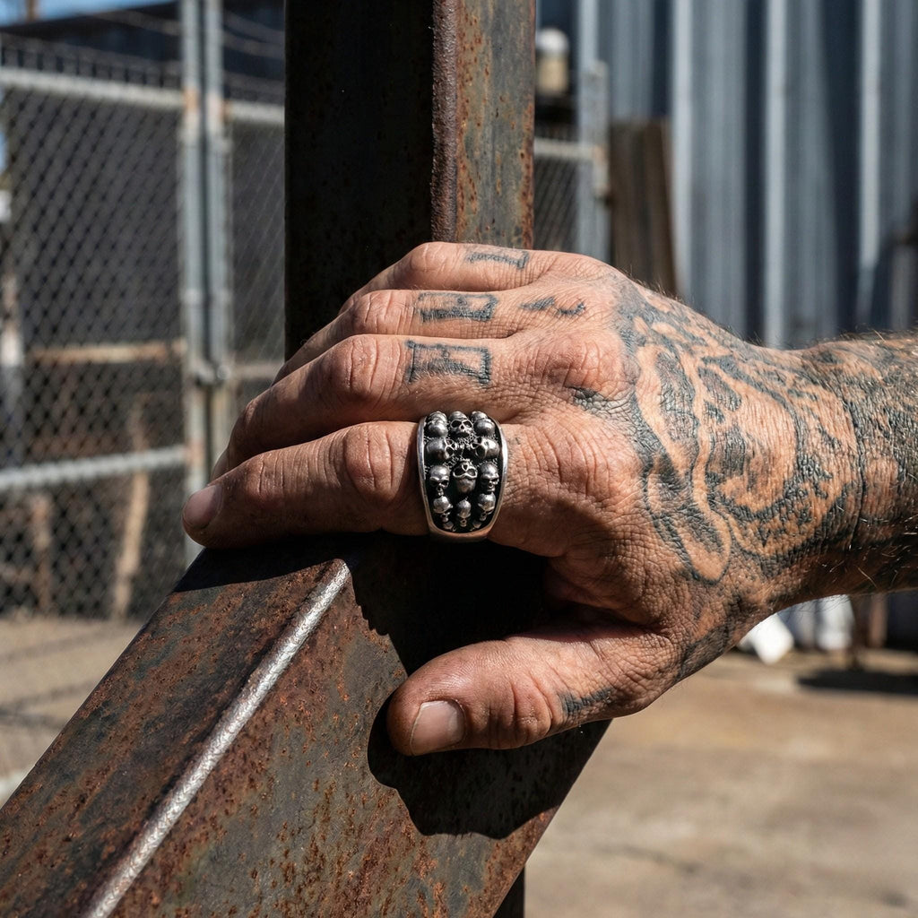 A tattooed hand wearing a large, ornate ring is seen gripping a metal railing.