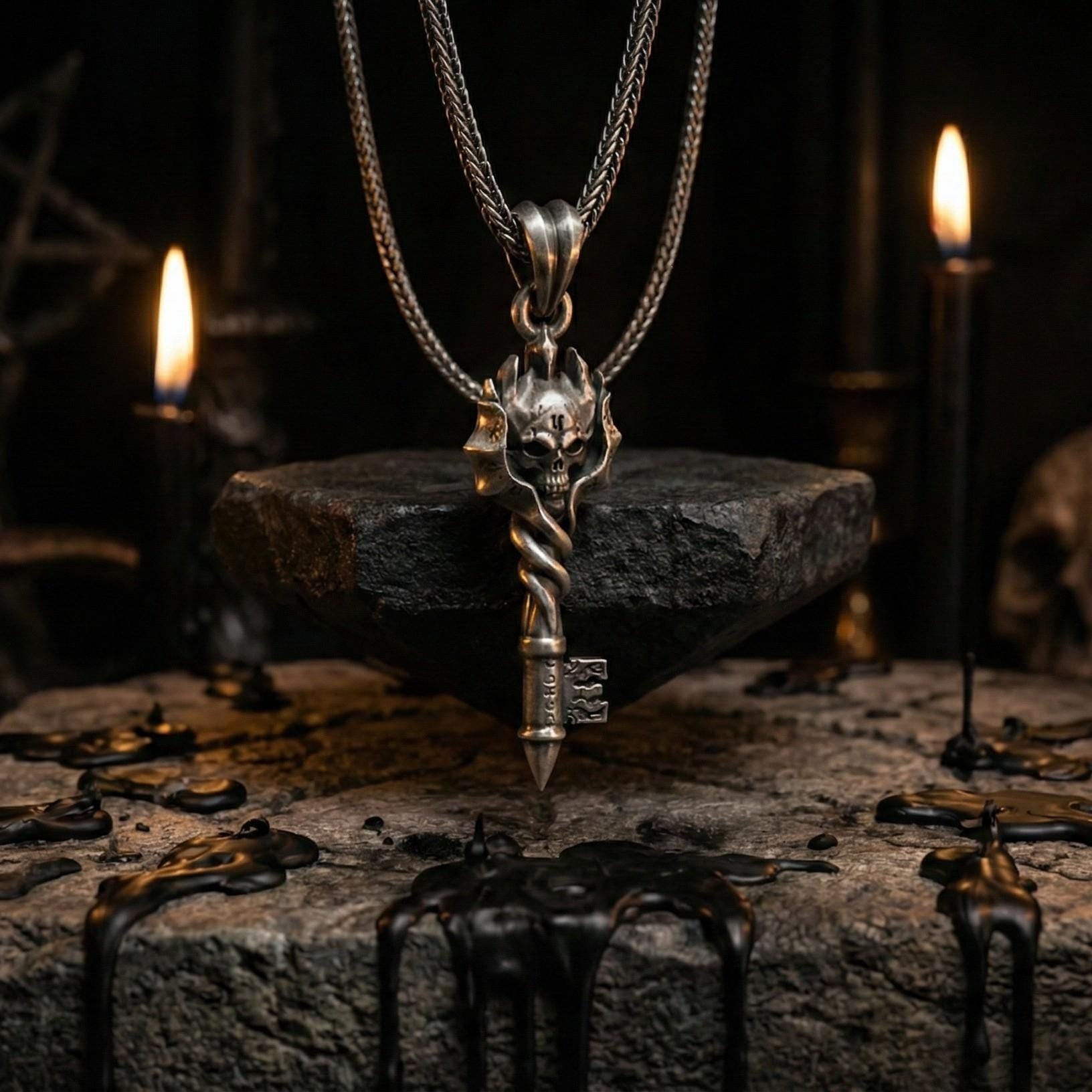 Gotik Kafatası Anahtar Gümüş Kolye