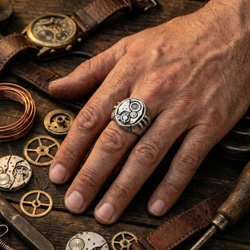 A close-up image of a person's hand wearing a large, silver ring with gears and mechanical components, surrounded by various tools and parts, suggesting a focus on mechanical or industrial themes.