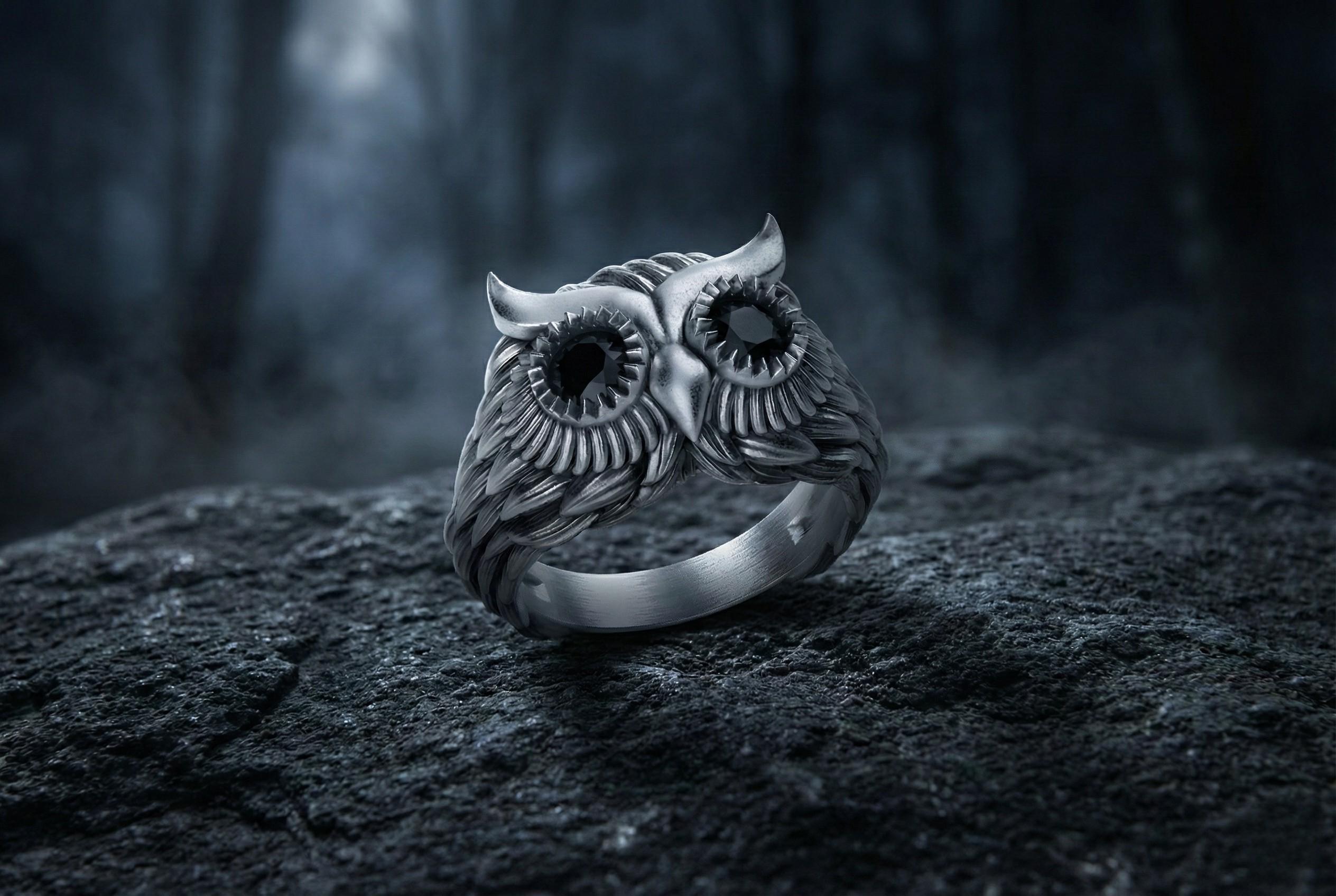 Gümüş Baykuş Yüzük – Gözleri Siyah Taş Detaylı Unisex Kuş Yüzük