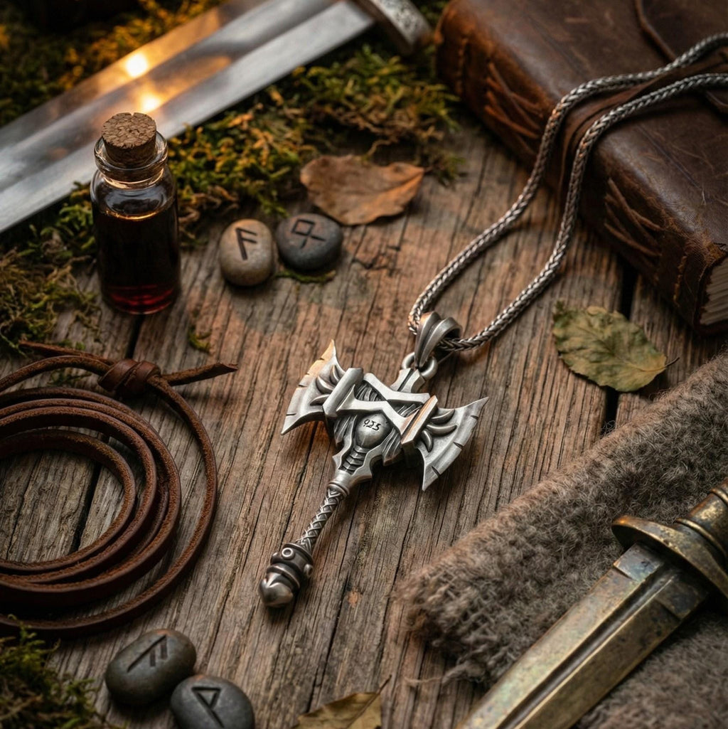 Savaş Baltası Kolye Ucu Oksitlenmiş Gümüş Kafatası Savaşçı Temalı Takı