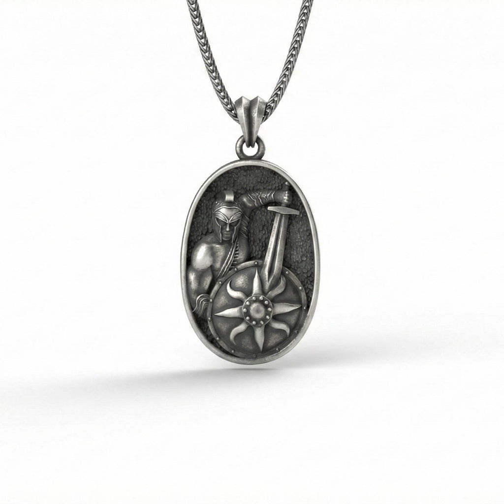 Roma Gladyatör Kolye Ucu Oksitlenmiş Gümüş Savaşçı Kalkanı Şeklinde Takı