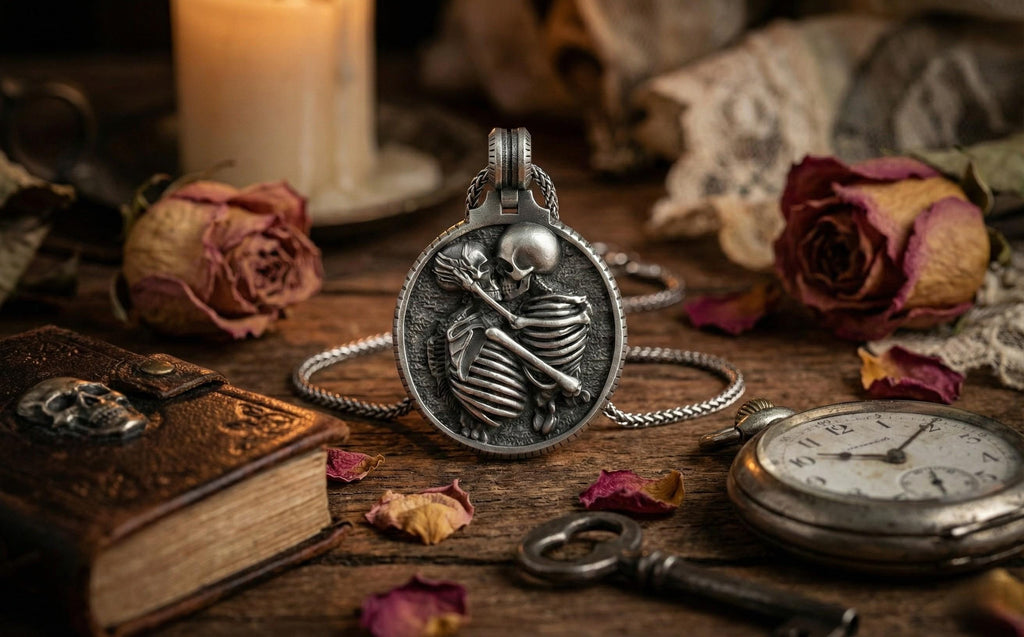 Gümüş Sarılan İskelet Çift Kolye Gotik Takı