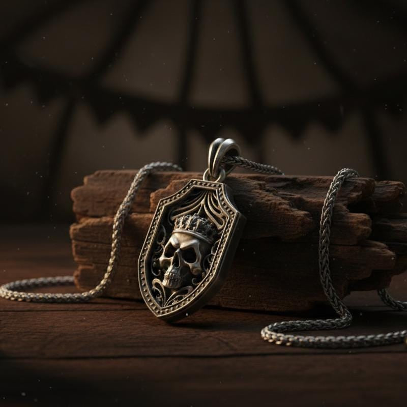 Taçlı Kafatası Oksitlenmiş Gümüş Kolye