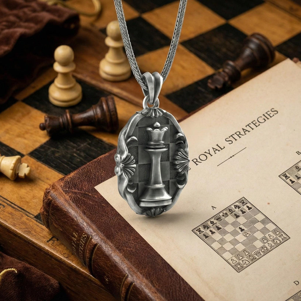 Antik Gümüş Satranç Vezir Kolye Ortaçağ Strateji Sembolü Takı