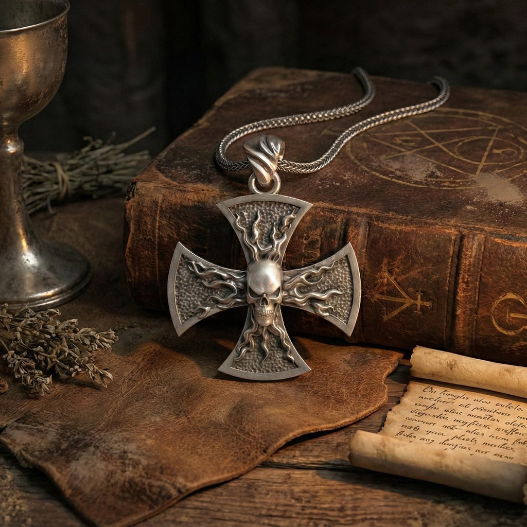 Oksitlenmiş Gümüş Kafatası Haç Kolye Gotik Alev Desenli Gösterişli Takı