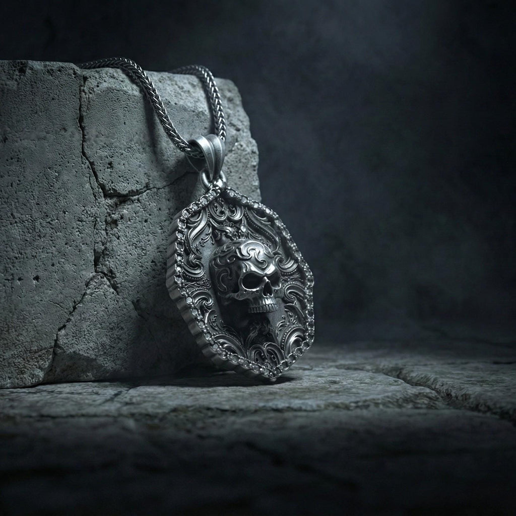 Süslemeli Kafatası Kolye Ucu Oksitlenmiş Gümüş Gotik Tarzı Gösterişli Takı