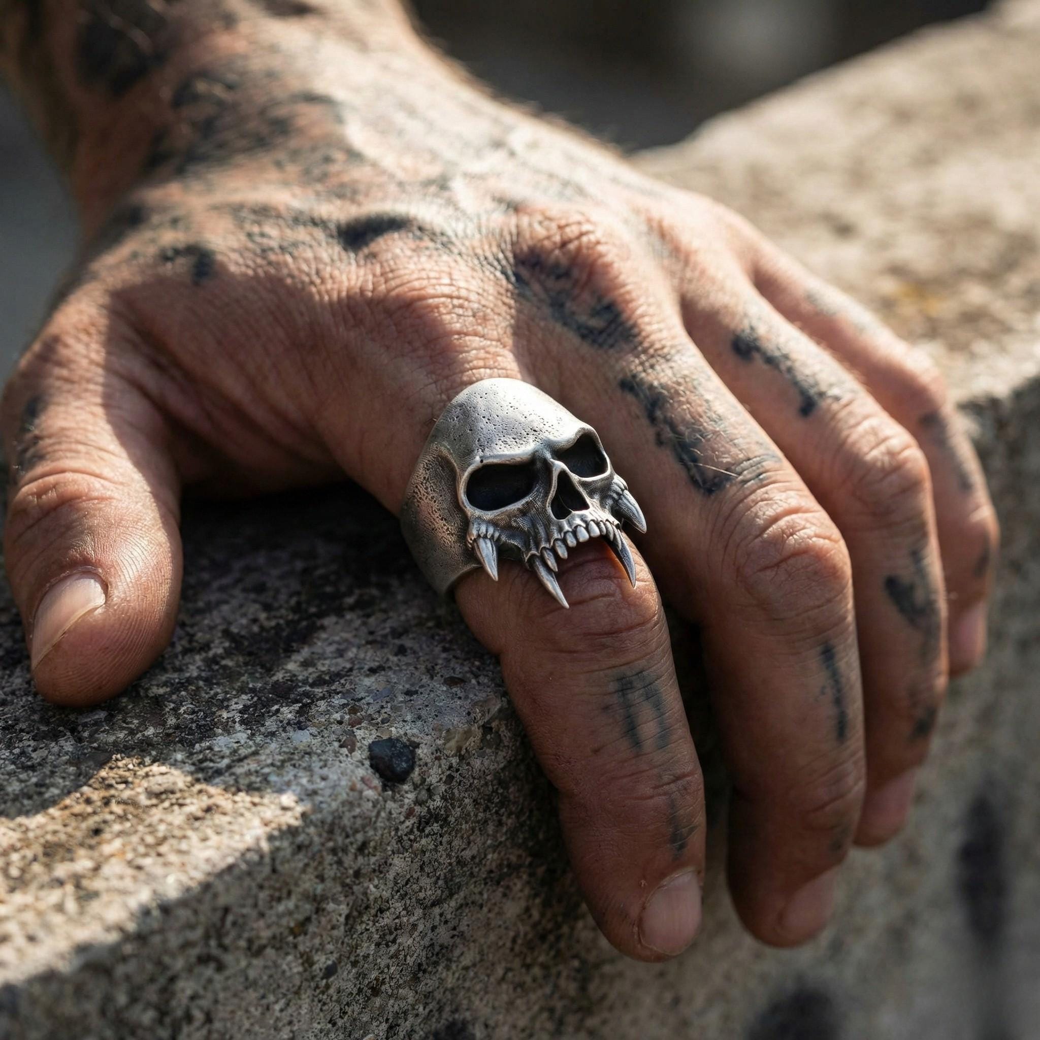 A close-up of a person's hand wearing a skull ring, with tattoos visible on the fingers.