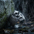 A silver ring with an intricate design, resembling a skull or skull-like figure, is resting on a bed of leaves and rocks in a dark, mysterious setting.