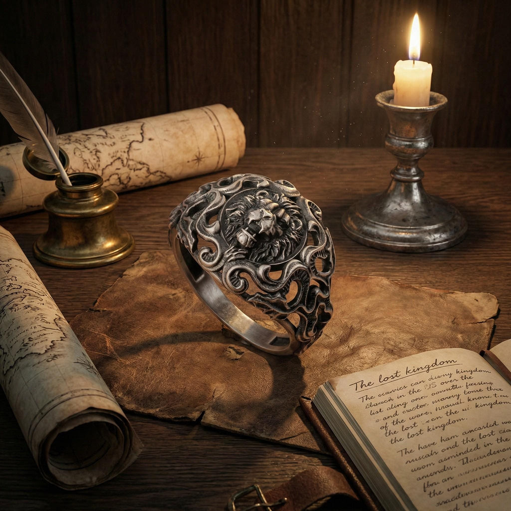 a ring with a lion's head design, a candle, a map, and an open book on a wooden surface.