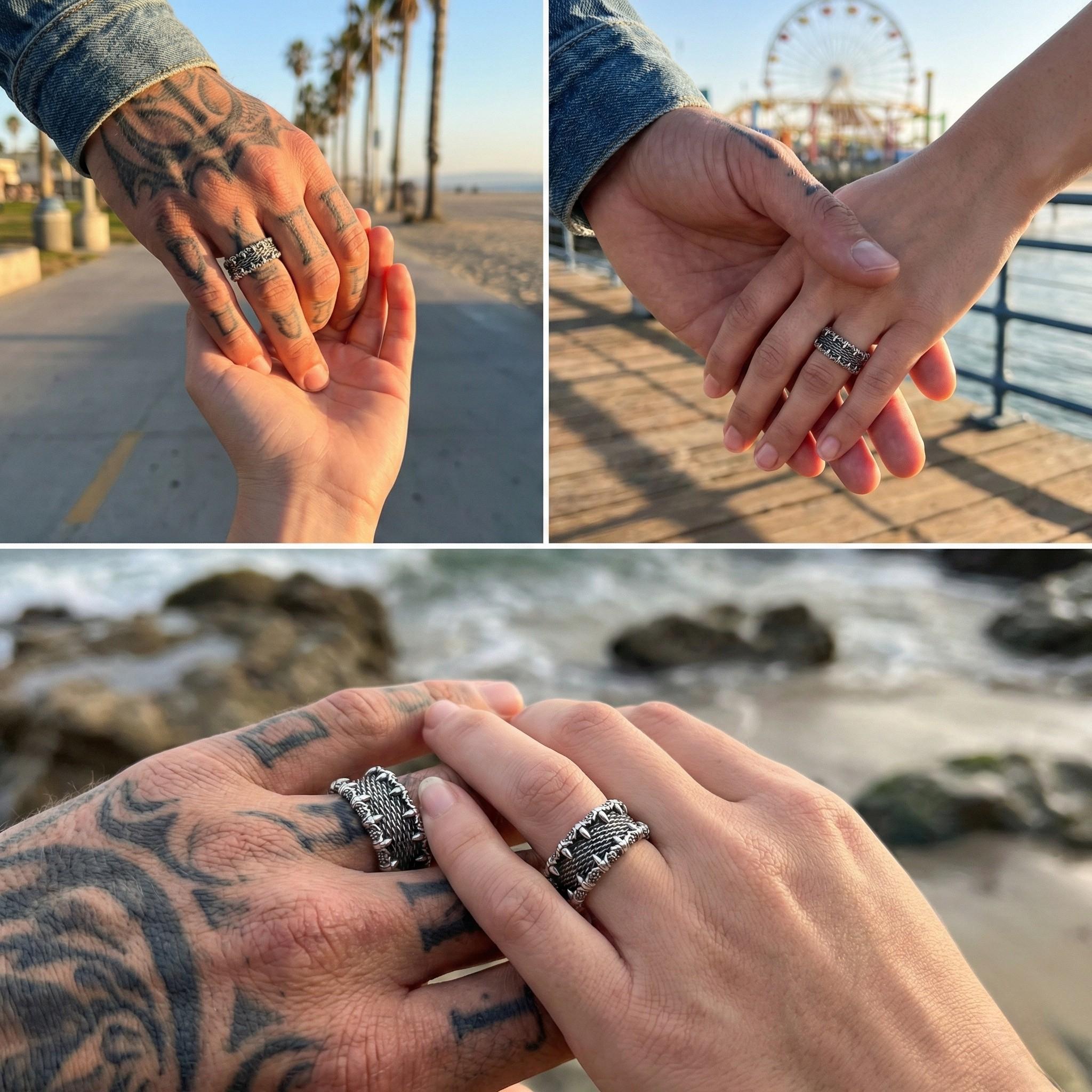 The image is a collage of three photos showing a couple holding hands, with one hand wearing a ring and the other hand not wearing a ring.
