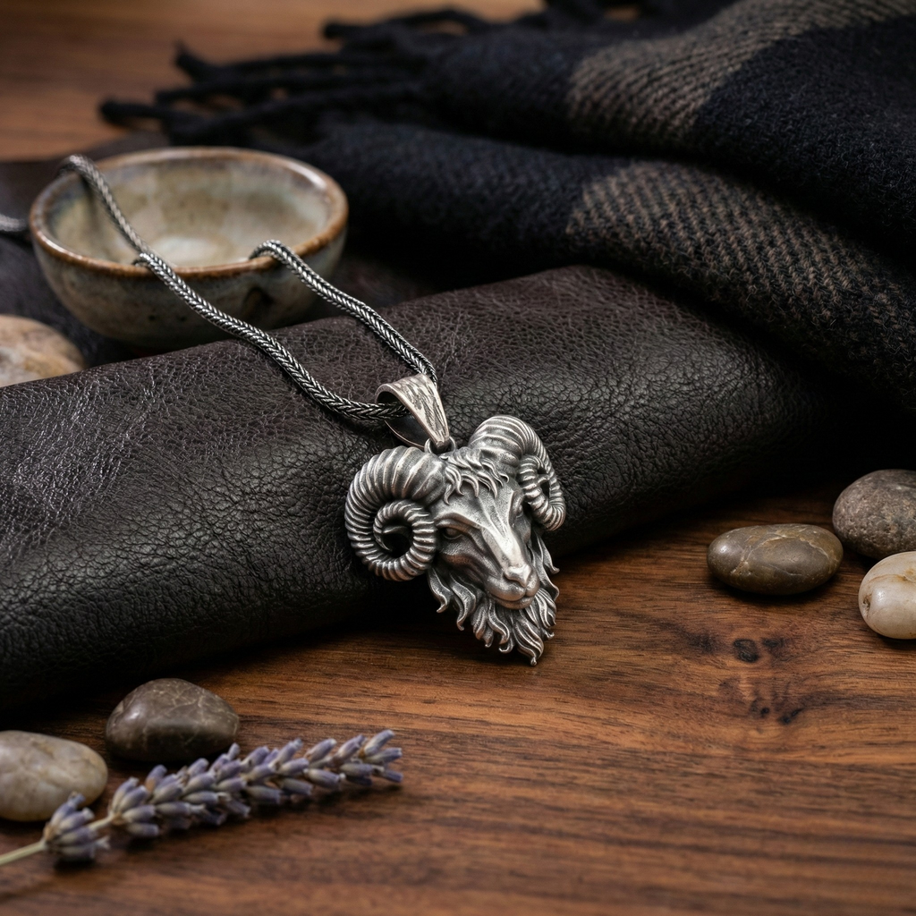 925 Ayar Gümüş Koç Kolye - Oksitli El Yapımı Gotik Kolye