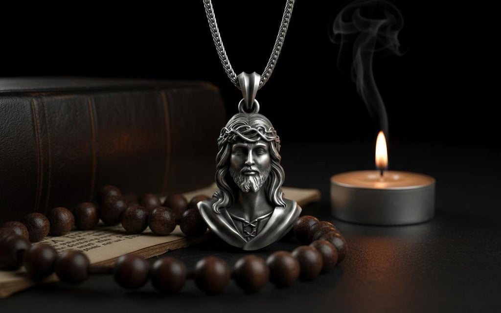 Antik Gümüş İsa Büstü Kolye Hristiyan Dini Madalyon Takı