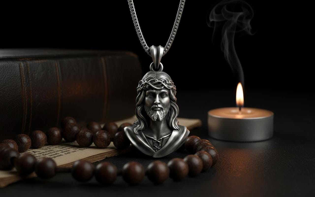 Antik Gümüş İsa Büstü Kolye Hristiyan Dini Madalyon Takı