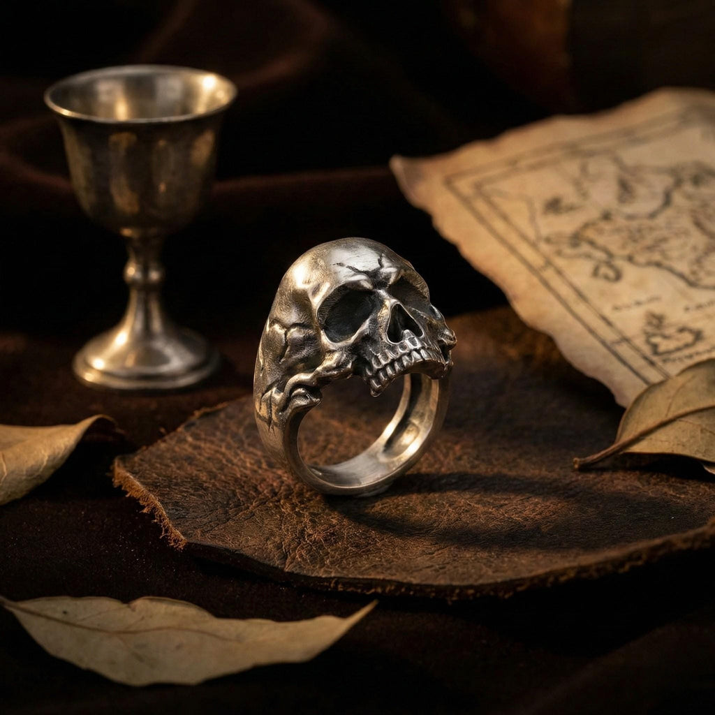 a silver skull ring resting on a leather surface, with a silver goblet and a map visible in the background.
