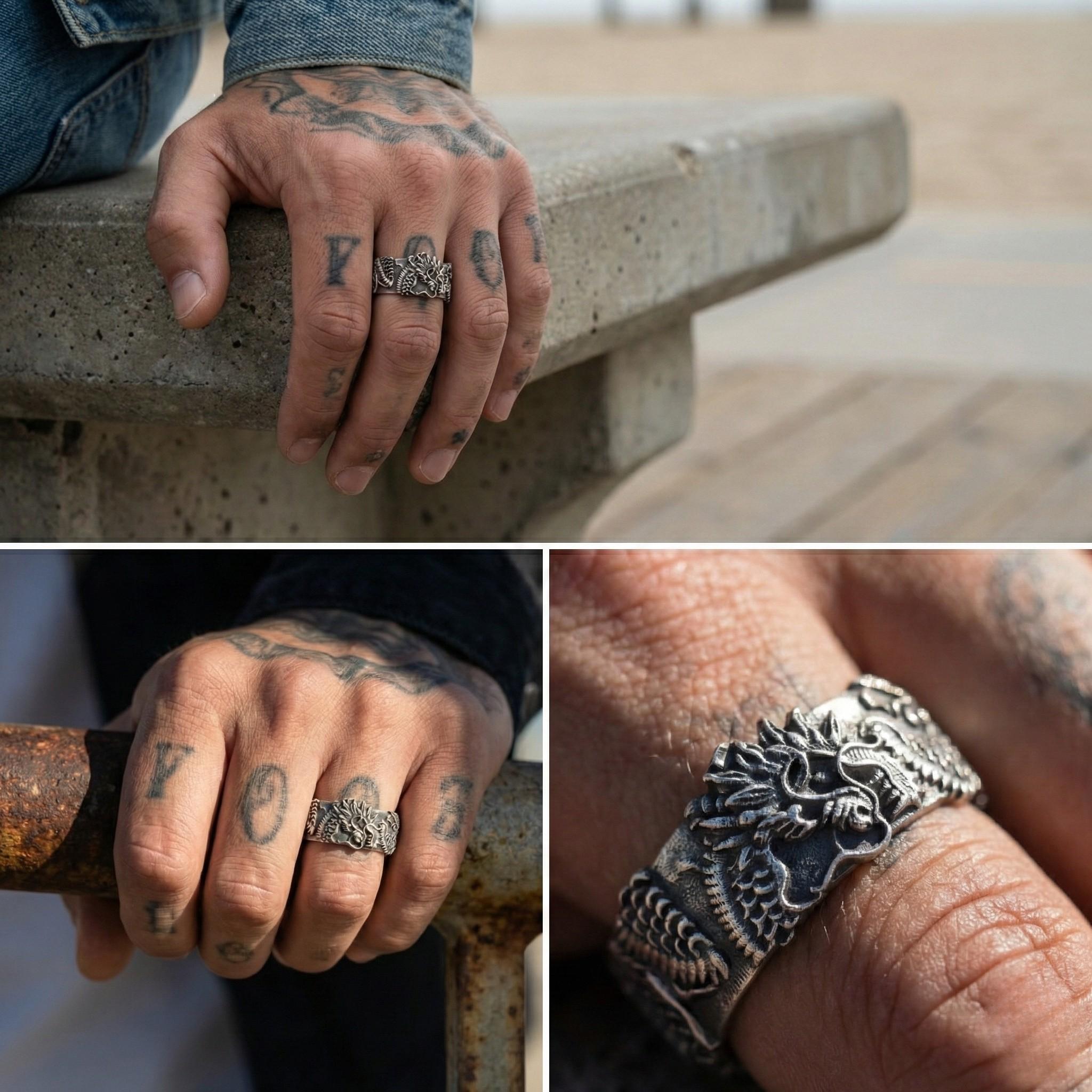 The image is a collage of three photos showing a person's hand with tattoos and a metal ring on the finger.