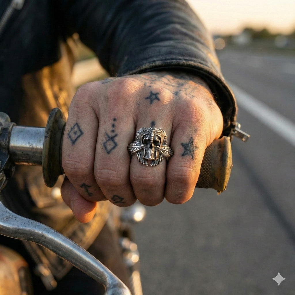 A close-up of a person's hand with tattoos on the fingers, wearing a leather jacket, and gripping a motorcycle handlebar.
