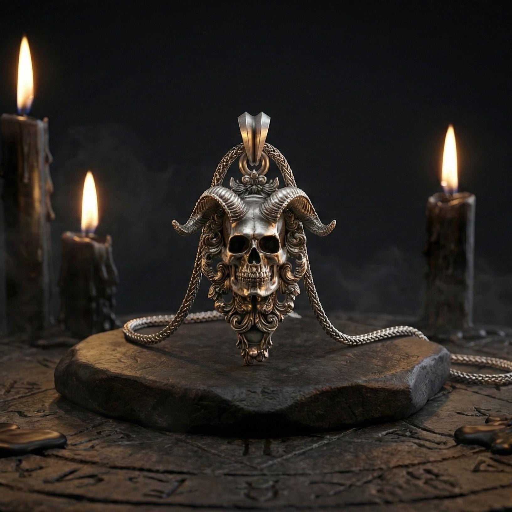 Boynuzlu Şeytan Kafatası Gümüş Kolye