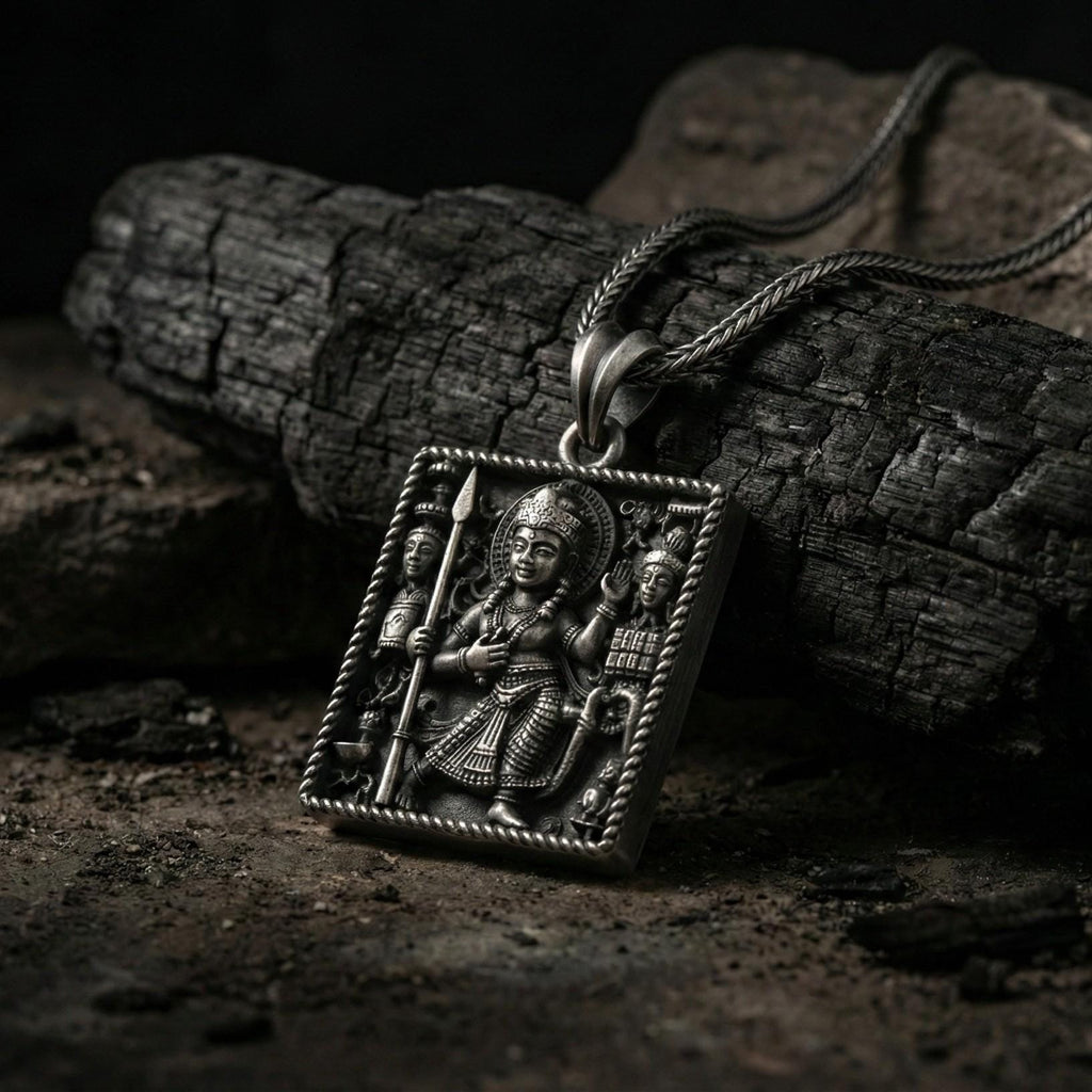 Durga Tanrıçası Kolye Ucu, Oksitlenmiş Gümüş Hindu Takısı