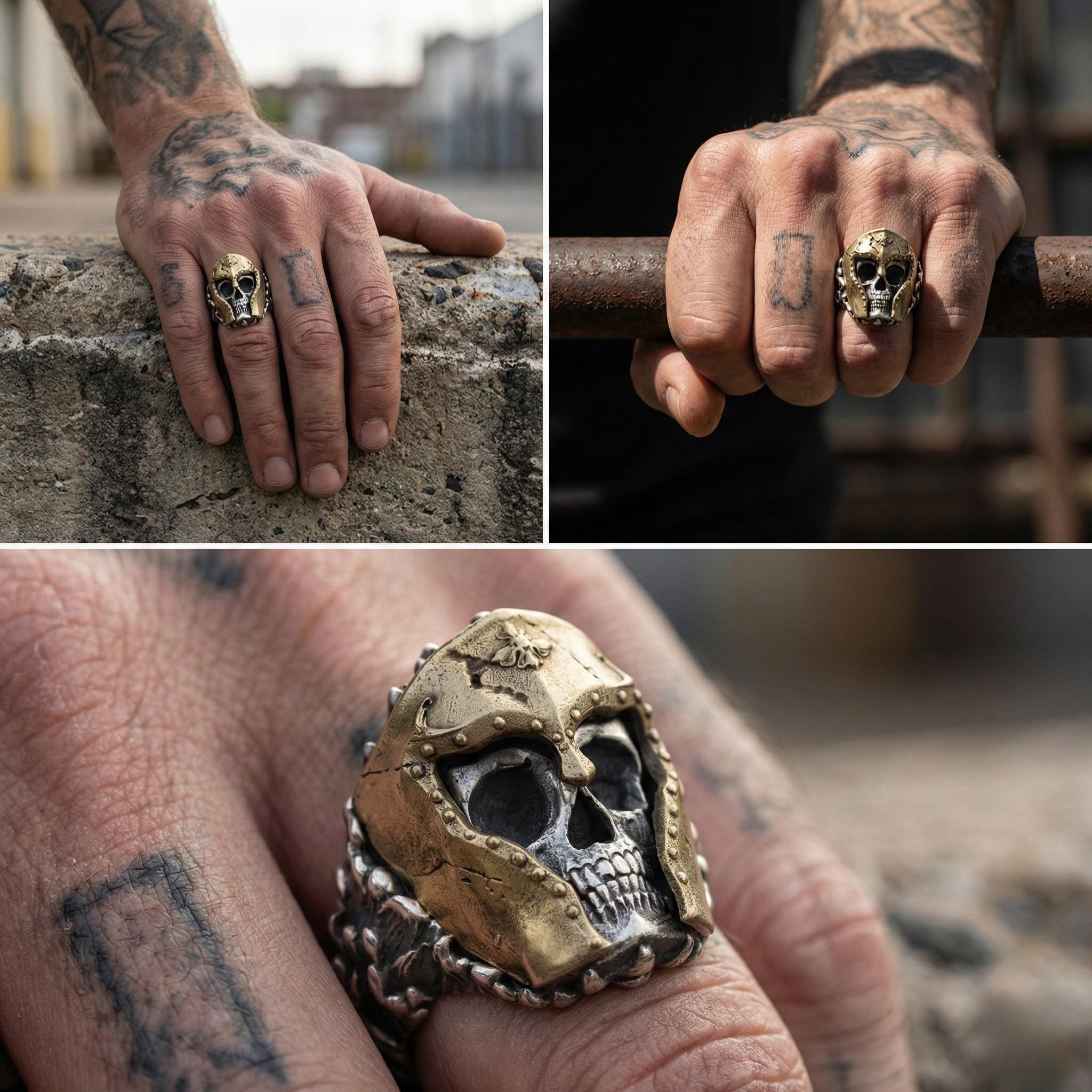 The image is a collage of three photos featuring a person's hand wearing a unique ring with a skull design. The hand is seen in various positions, including resting on a railing and holding the ring. The ring itself is ornate and has a distinctive skull motif. The collage showcases the person's hand and the distinctive ring in different settings.
