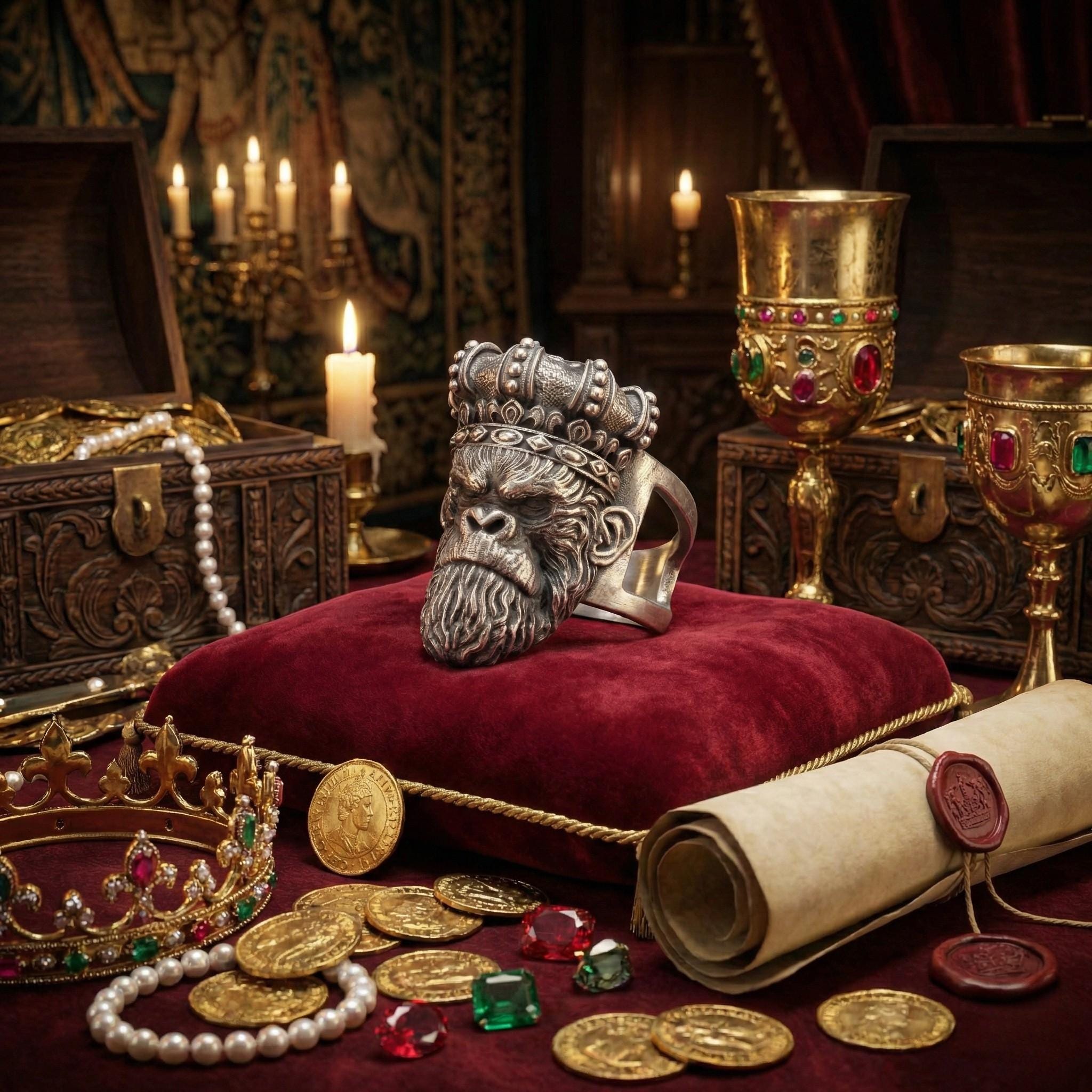 a collection of ornate and valuable items, including a crown, a large metal object resembling a monkey's head, a rolled scroll, and various coins and jewels, all arranged on a red velvet surface.