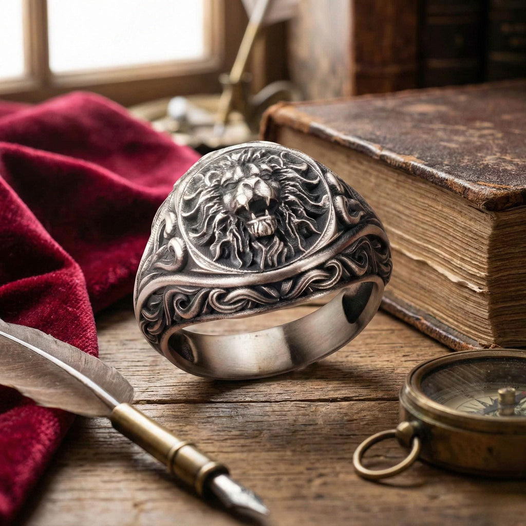 a silver ring with an intricate lion design, a feather quill pen, a compass, and a book on a wooden surface.