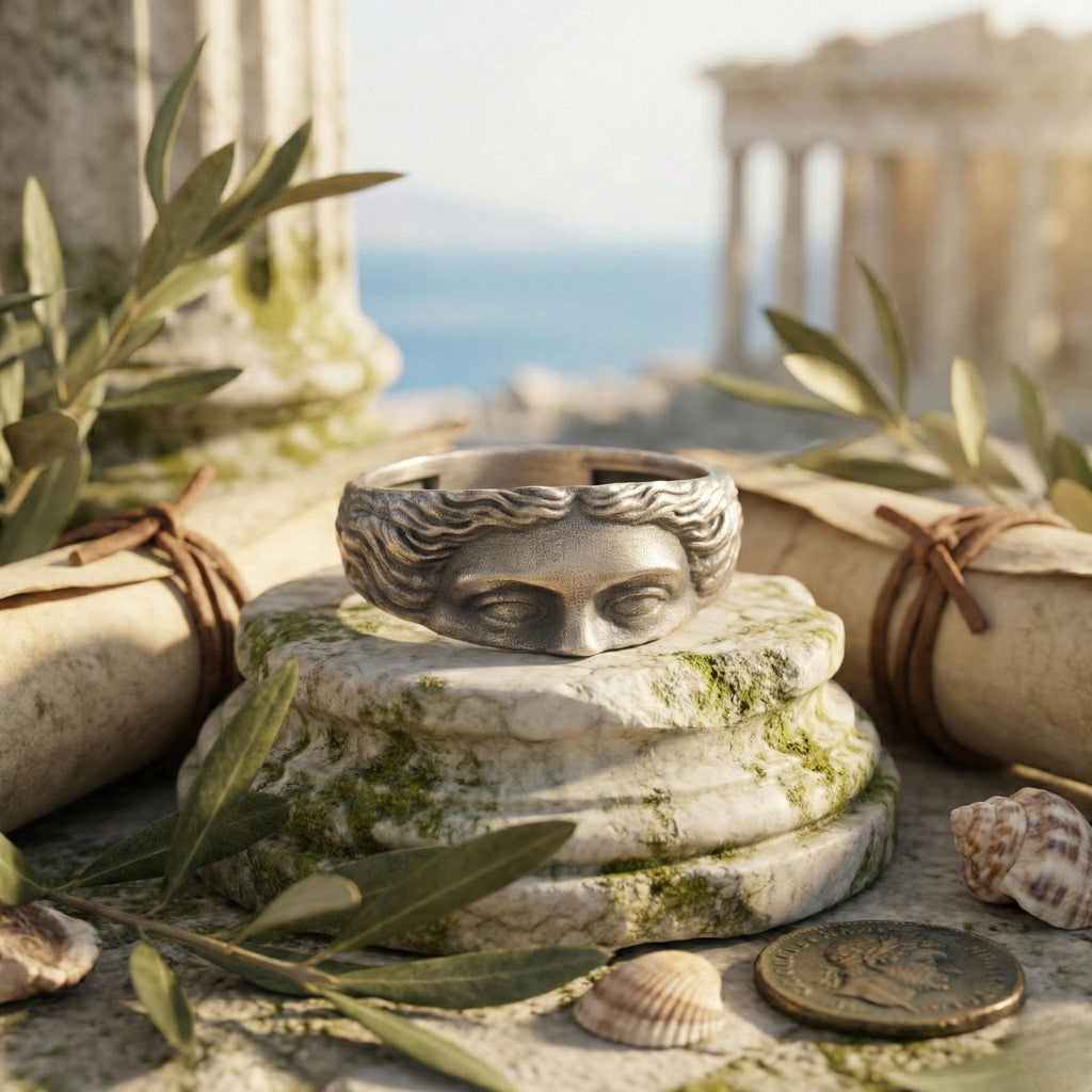 a ring with a face design, placed on a stone pedestal with a view of the ocean in the background.