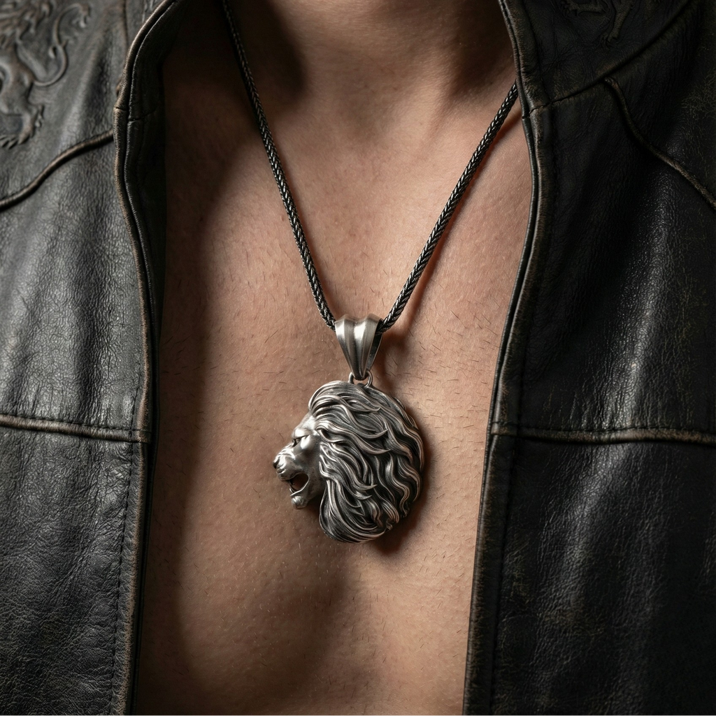Aslan Kolye: Gotik Oksitli Gümüş - Erkekler İçin El Yapımı
