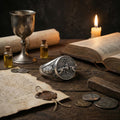 a collection of antique items, including a silver goblet, a book, a ring, a candle, and various coins, all arranged on a wooden surface.