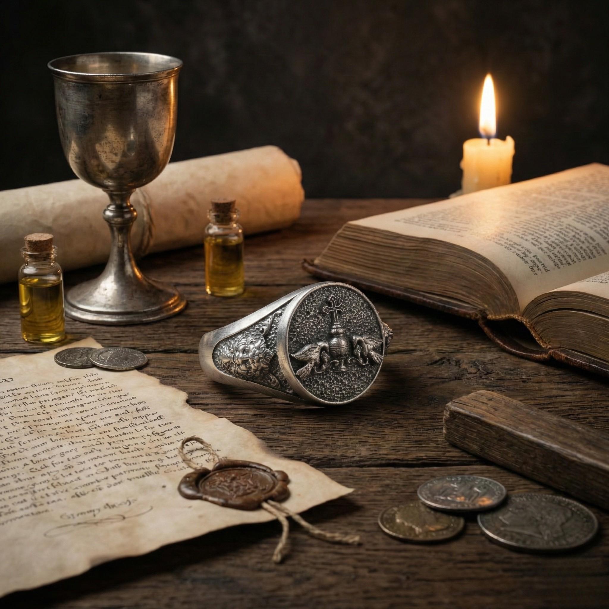 a collection of antique items, including a silver goblet, a book, a ring, a candle, and various coins, all arranged on a wooden surface.