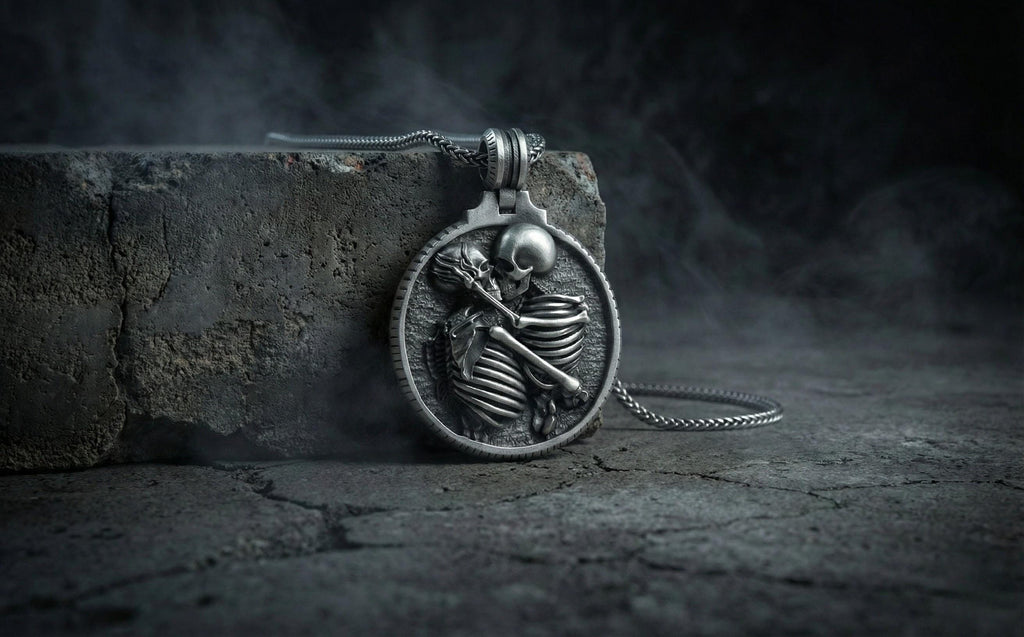 Gümüş Sarılan İskelet Çift Kolye Gotik Takı