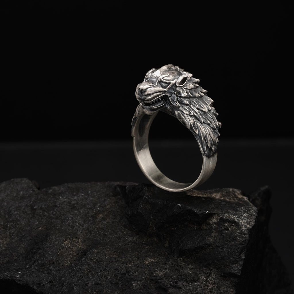 A silver ring with a detailed design resembling a fierce-looking animal, such as a lion or tiger, is displayed on a rock against a dark background.
