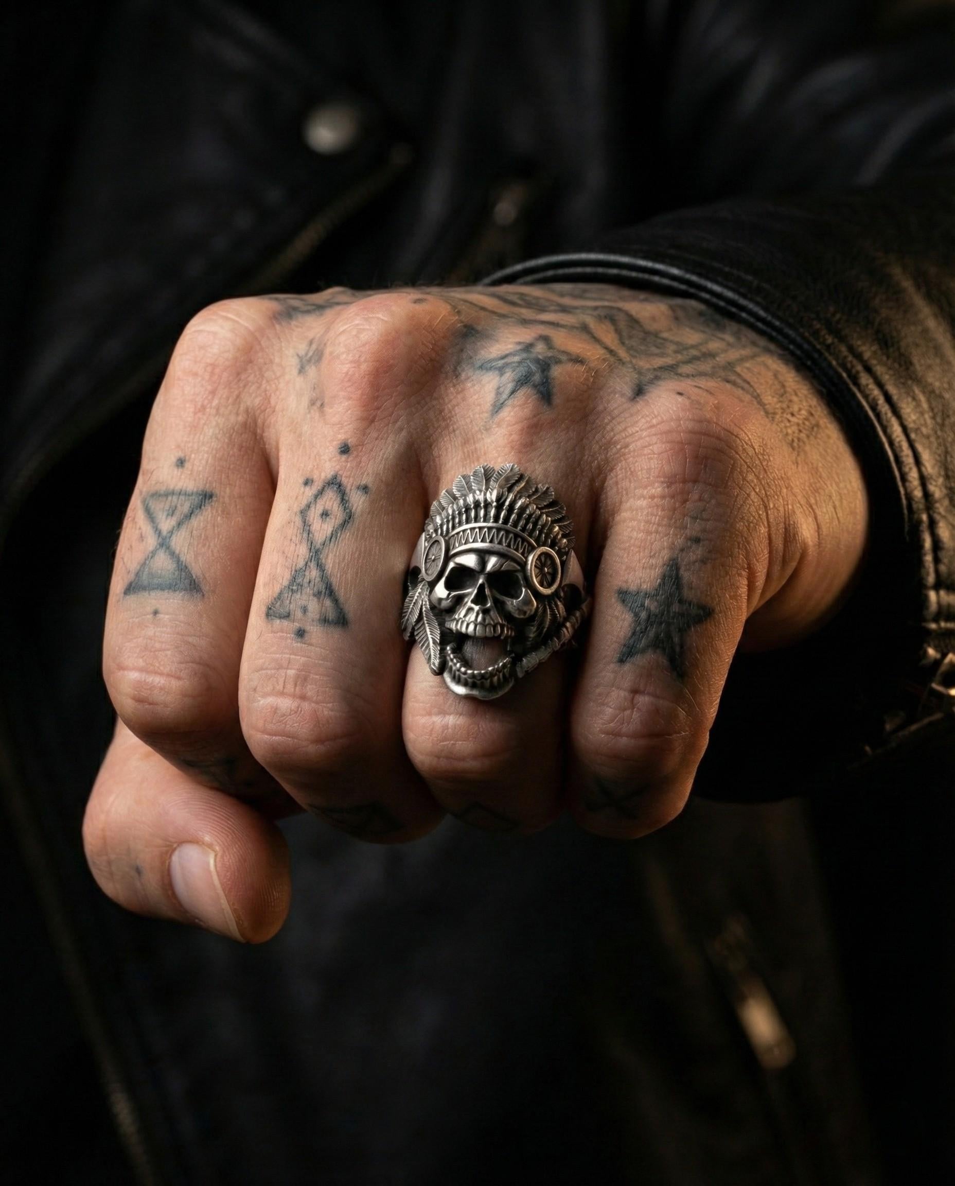 Kızılderili Şefi Kafatası Gümüş Yüzük