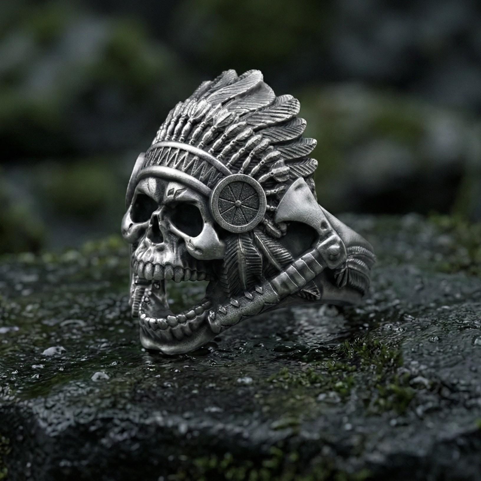 Kızılderili Şefi Kafatası Gümüş Yüzük