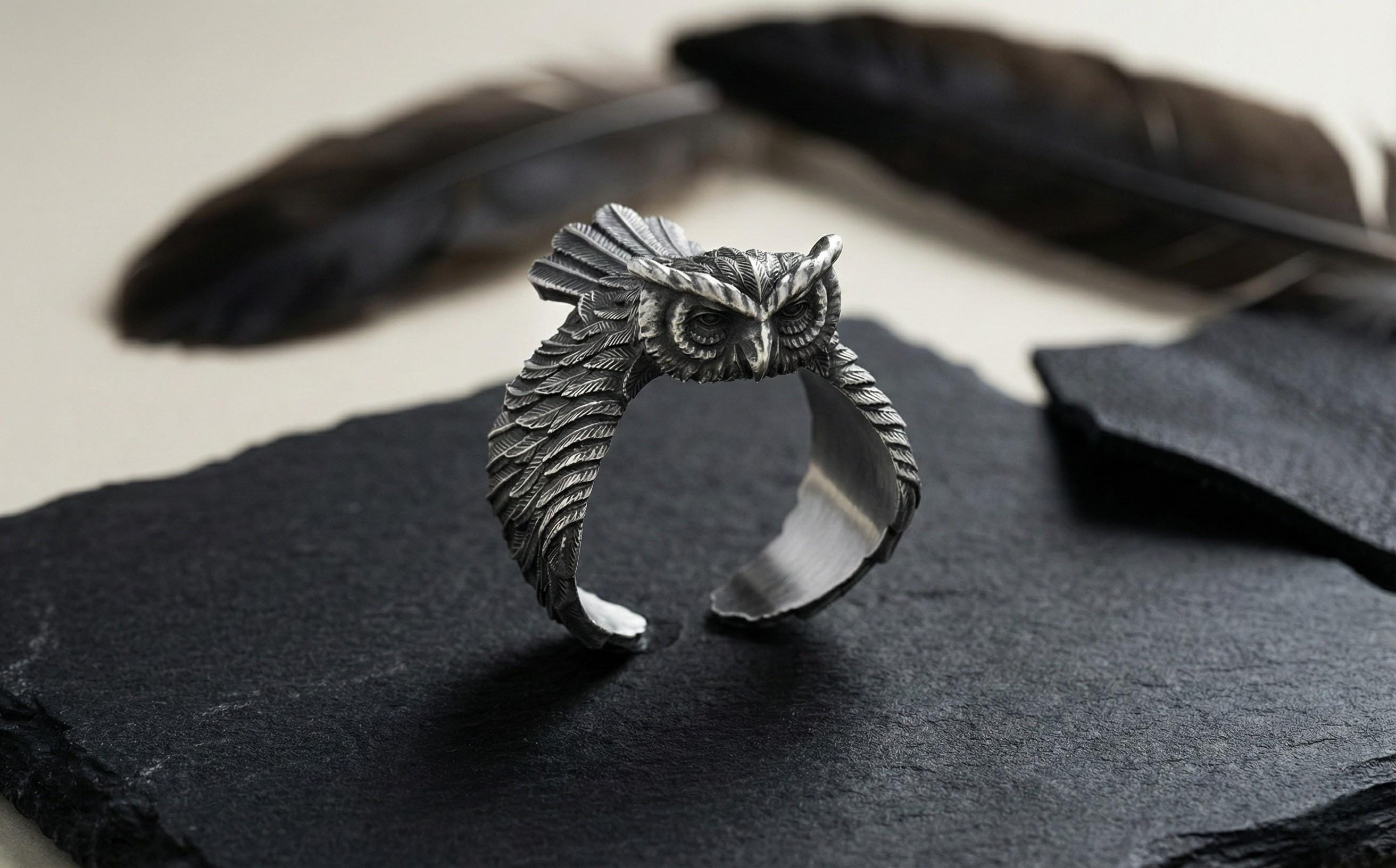 925 Ayar Gümüş Baykuş Yüzüğü – Erkekler İçin El Oyması Hayvan Figürlü Takı