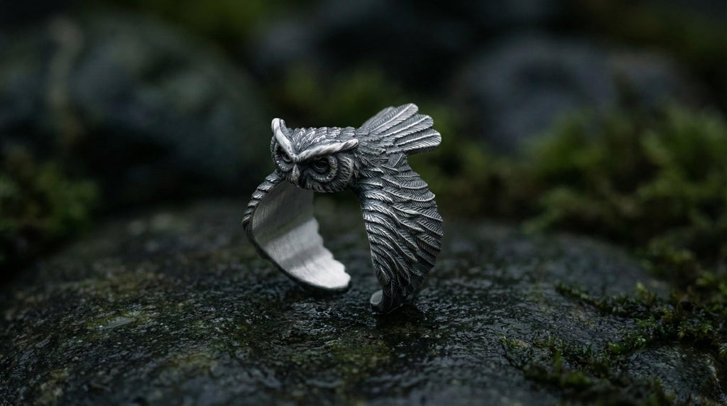 925 Ayar Gümüş Baykuş Yüzüğü – Erkekler İçin El Oyması Hayvan Figürlü Takı