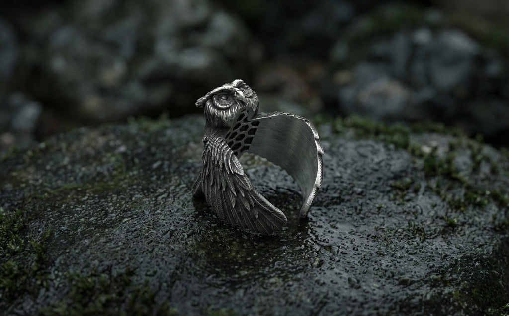 925 Ayar Gümüş Baykuş Yüzüğü – Erkekler İçin El Oyması Hayvan Figürlü Takı