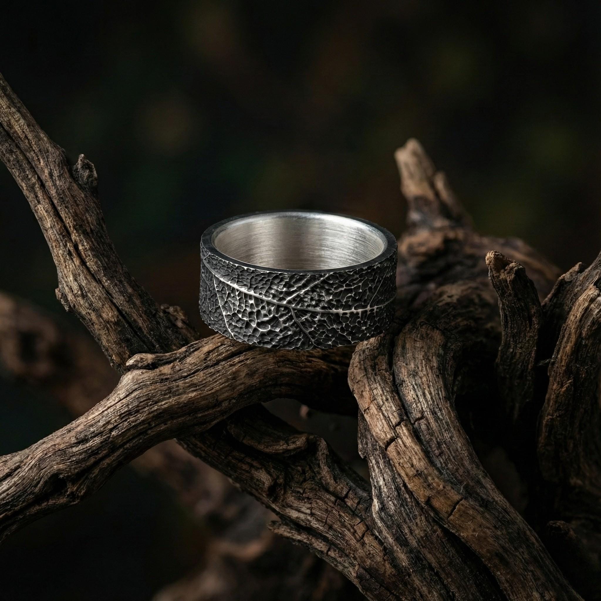 925 Ayar Gümüş Yaprak Dokulu Yüzük – Unisex Doğal Desenli Yüzük