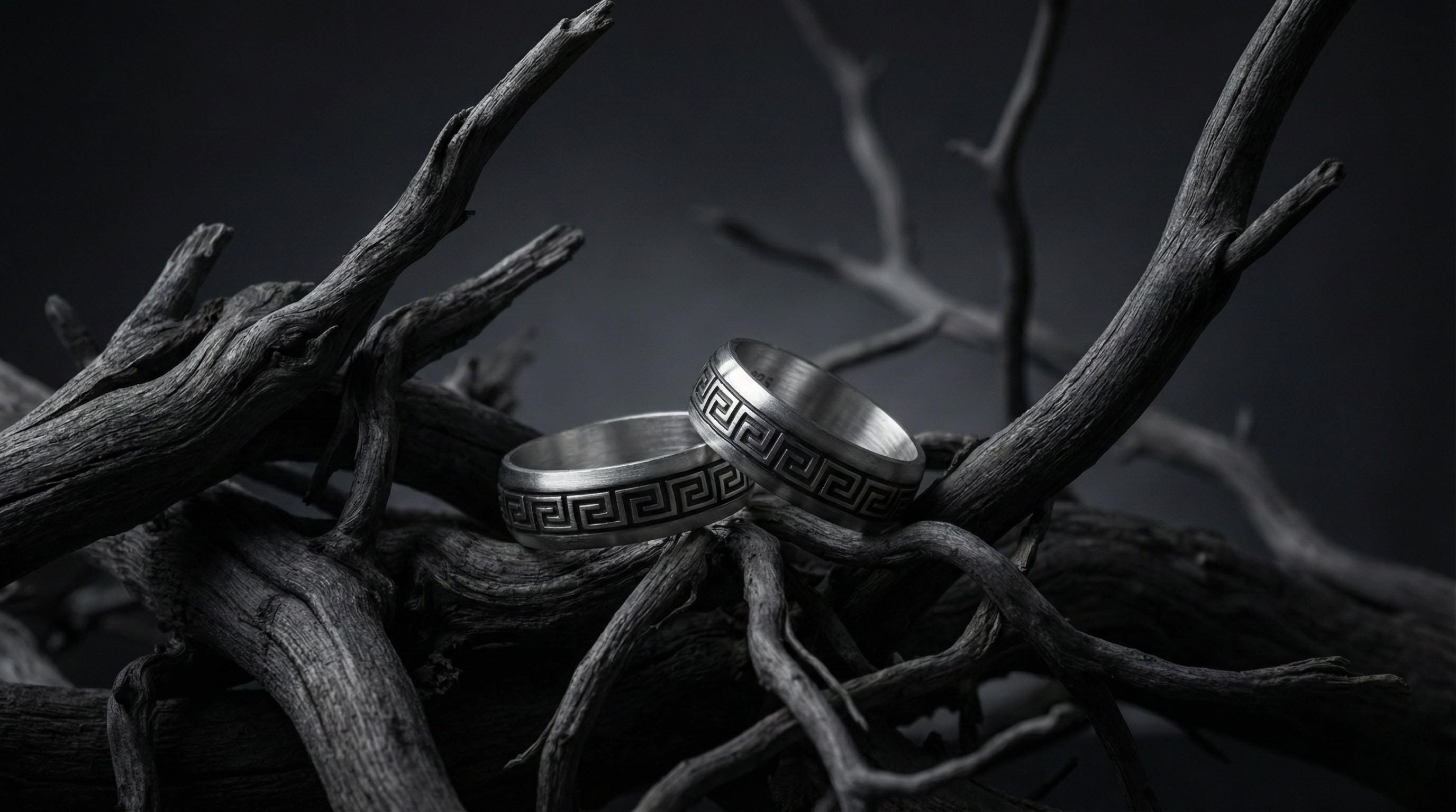 Yunan Anahtar Motifli Gümüş Yüzük – Çiftler İçin 925 Ayar Antik Desenli Takı