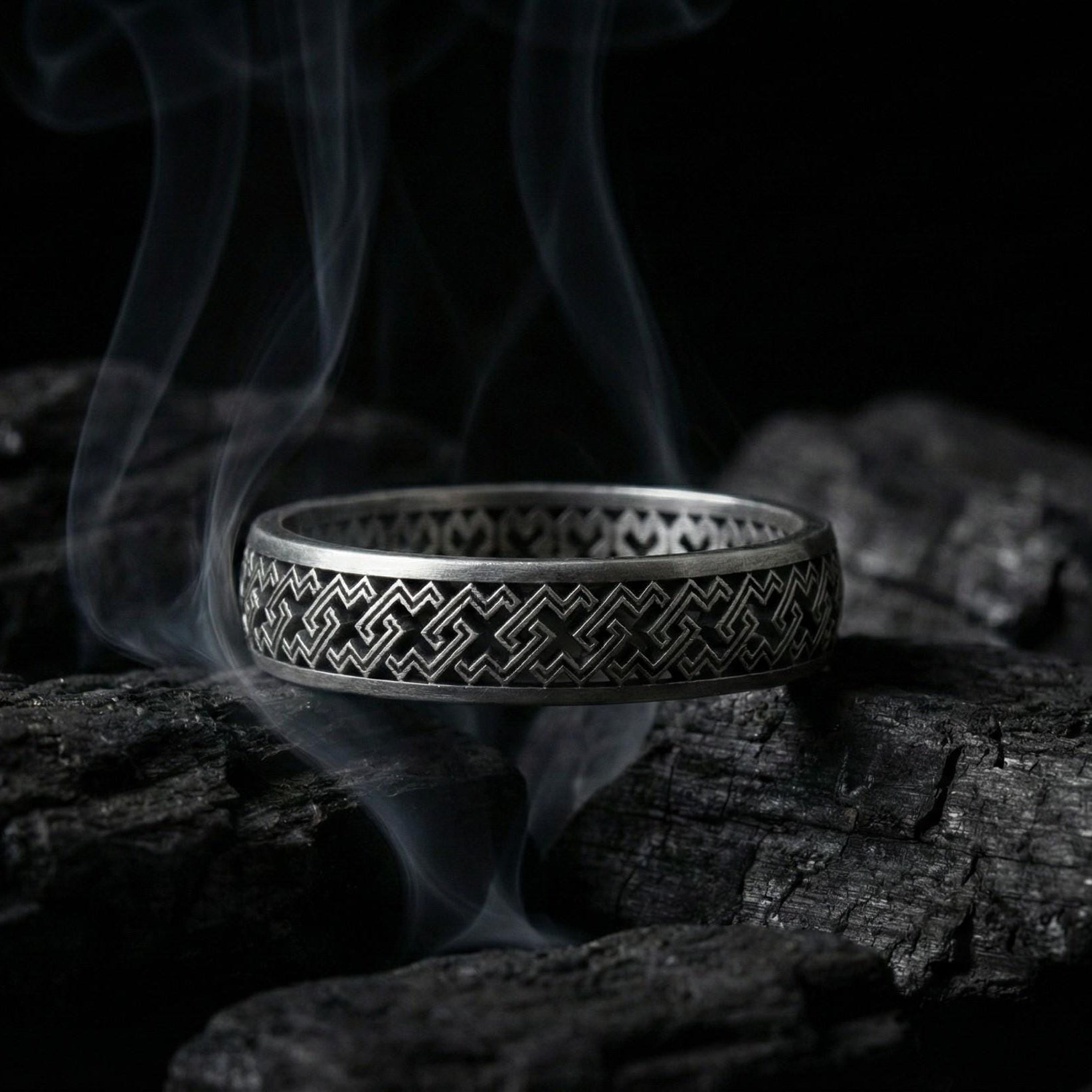 Geometrik Desenli Unisex Gümüş Alyans